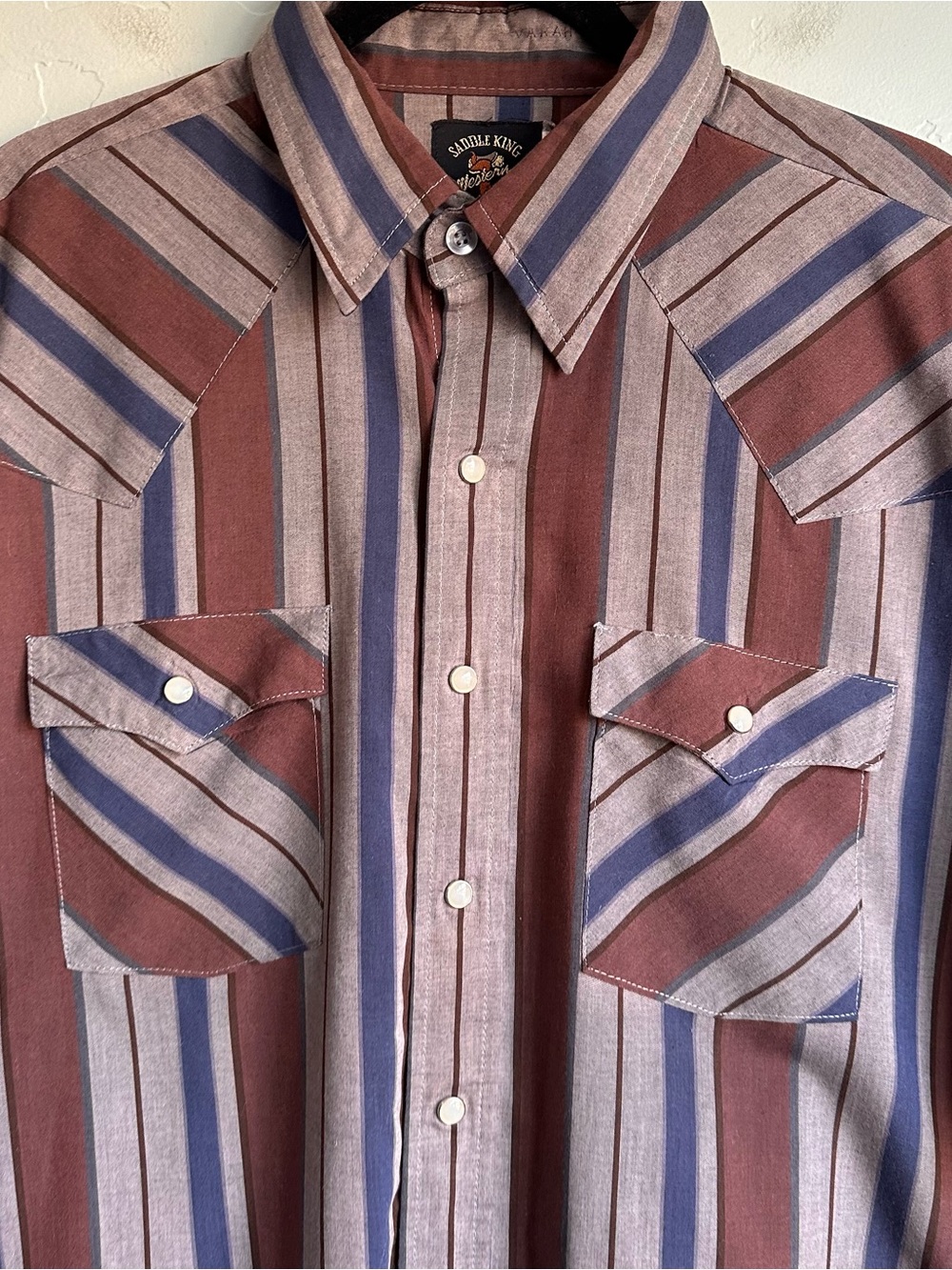 Vintage Saddle King Western Men's Short-Sleeve Pearl Snap Striped Shirt XL - Picture 2 of 4